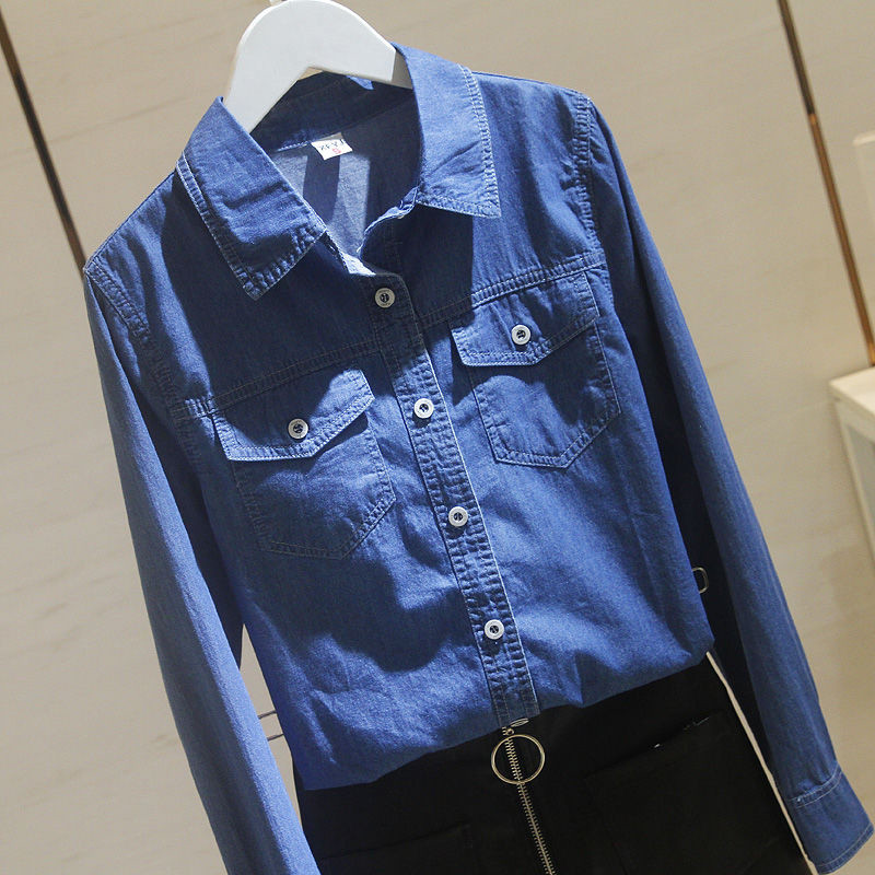 Άνοιξη φθινόπωρο Κορέα μόδα Γυναικεία μακρυμάνικα πουκάμισα με γυριστό γιακά με διπλή τσέπη, βαμβακερό τζιν casual μπλε μπλούζα S304