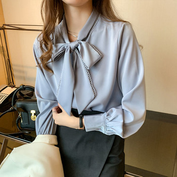 2023 Пролет Нова широка шифонова универсална блуза с дълъг ръкав и панделка Едноцветна риза Топове Модни офис корейски дамски дрехи