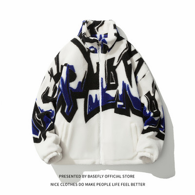 Preveliki umjetnički print Jesen Zima Debela topla mekana ovčja vuna Kao muški kaput Unisex Ženska bomber šik jakna Ulična jakna za par