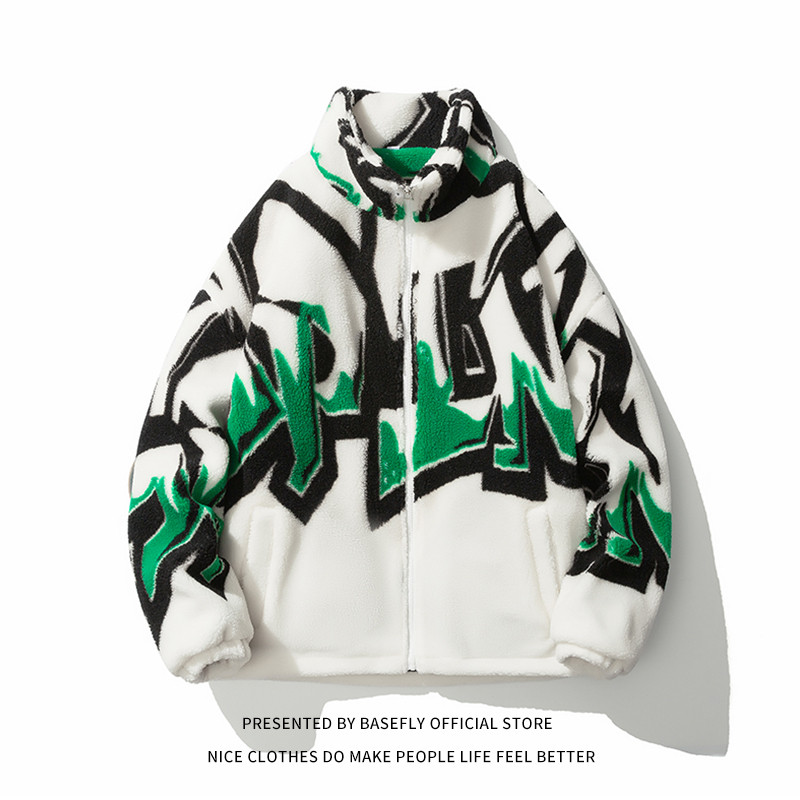 Preveliki umjetnički print Jesen Zima Debela topla mekana ovčja vuna Kao muški kaput Unisex Ženska bomber šik jakna Ulična jakna za par