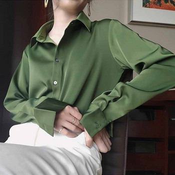 Пролетна мода Корейска сатенена коприна с висококачествени копчета Свободни дамски топове с дълъг ръкав Авокадо Зелена риза Винтидж блуза Жени 12610