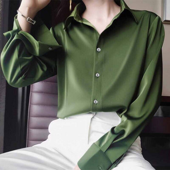 Пролетна мода Корейска сатенена коприна с висококачествени копчета Свободни дамски топове с дълъг ръкав Авокадо Зелена риза Винтидж блуза Жени 12610