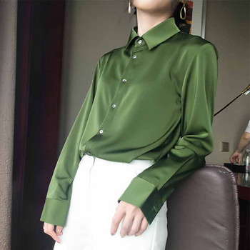Ανοιξιάτικη μόδα Κορεάτικο σατέν μεταξωτό υψηλής ποιότητας Κουμπί Φαρδύ γυναικείο μακρυμάνικο μπλουζάκι αβοκάντο πράσινο πουκάμισο Vintage γυναικεία μπλούζα 12610
