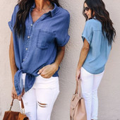 Cămașă ocazională de vară pentru femei, cu nasturi, cu buzunare, cu rever, cu mâneci scurte, cămăși din denim pentru femei, bluze din denim la modă pentru femei, top subțire