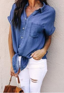 Cămașă ocazională de vară pentru femei, cu nasturi, cu buzunare, cu rever, cu mâneci scurte, cămăși din denim pentru femei, bluze din denim la modă pentru femei, top subțire
