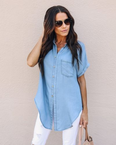Cămașă ocazională de vară pentru femei, cu nasturi, cu buzunare, cu rever, cu mâneci scurte, cămăși din denim pentru femei, bluze din denim la modă pentru femei, top subțire