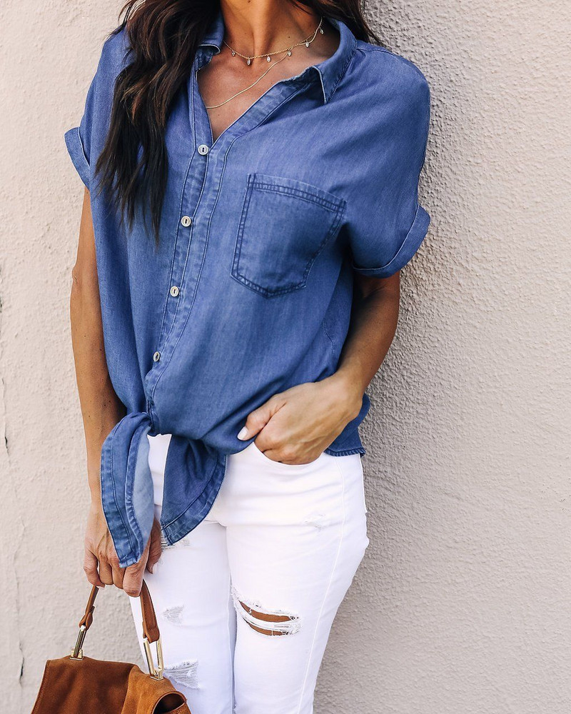 Cămașă ocazională de vară pentru femei, cu nasturi, cu buzunare, cu rever, cu mâneci scurte, cămăși din denim pentru femei, bluze din denim la modă pentru femei, top subțire