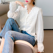 Jesenski pulover dugih rukava s V-izrezom Vintage bluze Ženske ležerne široke čipkane ženske majice velikih veličina Bijela košulja Ženske bluze 11127