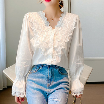 Φθινοπωρινό μακρυμάνικο πουλόβερ με V λαιμόκοψη Vintage Μπλούζες Γυναικείες casual Loose Δαντελένιες Γυναικείες μπλούζες Plus Size Λευκό πουκάμισο Γυναικείο Blusas 11127