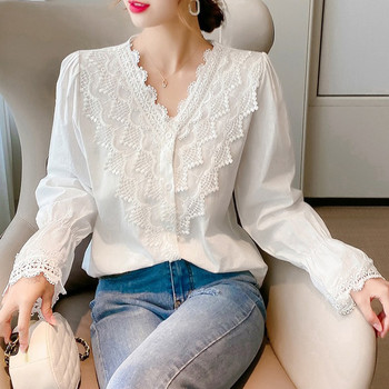 Φθινοπωρινό μακρυμάνικο πουλόβερ με V λαιμόκοψη Vintage Μπλούζες Γυναικείες casual Loose Δαντελένιες Γυναικείες μπλούζες Plus Size Λευκό πουκάμισο Γυναικείο Blusas 11127