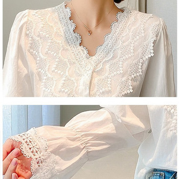 Есенен пуловер с V-образно деколте с дълъг ръкав Винтидж блузи Дамски ежедневни широки дантелени дамски топове Голям размер Бяла риза Дамски блузи 11127