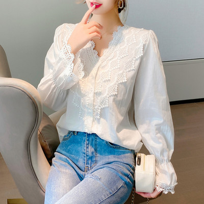 Jesenski pulover dugih rukava s V-izrezom Vintage bluze Ženske ležerne široke čipkane ženske majice velikih veličina Bijela košulja Ženske bluze 11127