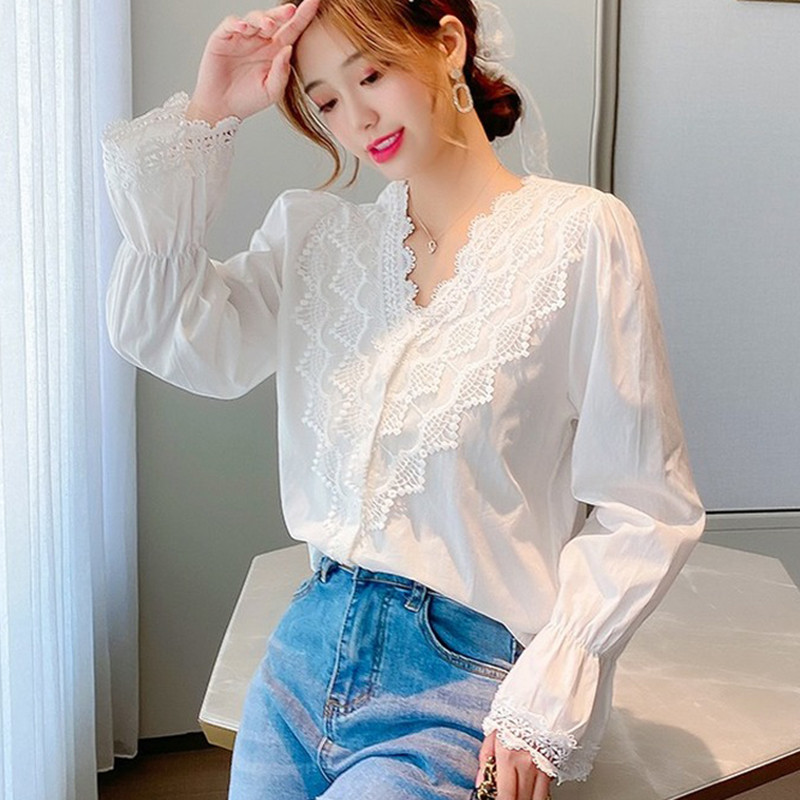 Jesenski pulover dugih rukava s V-izrezom Vintage bluze Ženske ležerne široke čipkane ženske majice velikih veličina Bijela košulja Ženske bluze 11127