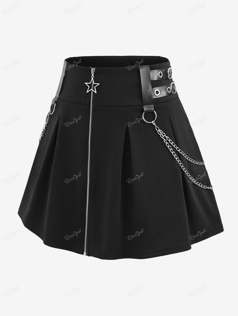 ROSEGAL Didelio dydžio mini sijonai su užtrauktuku juodi moteriški madingi gatvės drabužiai O formos žiedai grandinės PU dirželiai su įvorėmis sijonas, tamprus, pagrindinės apačios