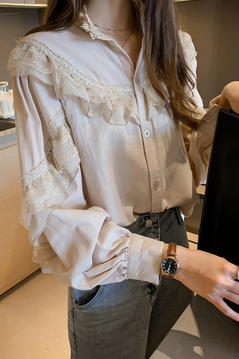 Κορεάτικη μόδα Γυναικεία μπλουζάκια και μπλούζες Vintage ανοιξιάτικο μανίκι φαναράκι Γυναικεία πουκάμισα με δαντέλα με λαιμόκοψη Blusas 9951