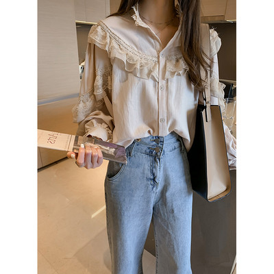 Korejska modna odjeća Ženske majice i bluze Vintage proljetne lampion rukave Uredske ženske košulje Čipkane majice s O-izrezom Blusas 9951