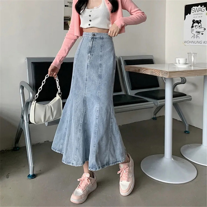 Y2k Duga teksas suknja u obliku sirene s volanima Ženska korejska seksi uska široka široka široka suknja s volanima, plava jeans suknja s trubom, velika veličina 4xl