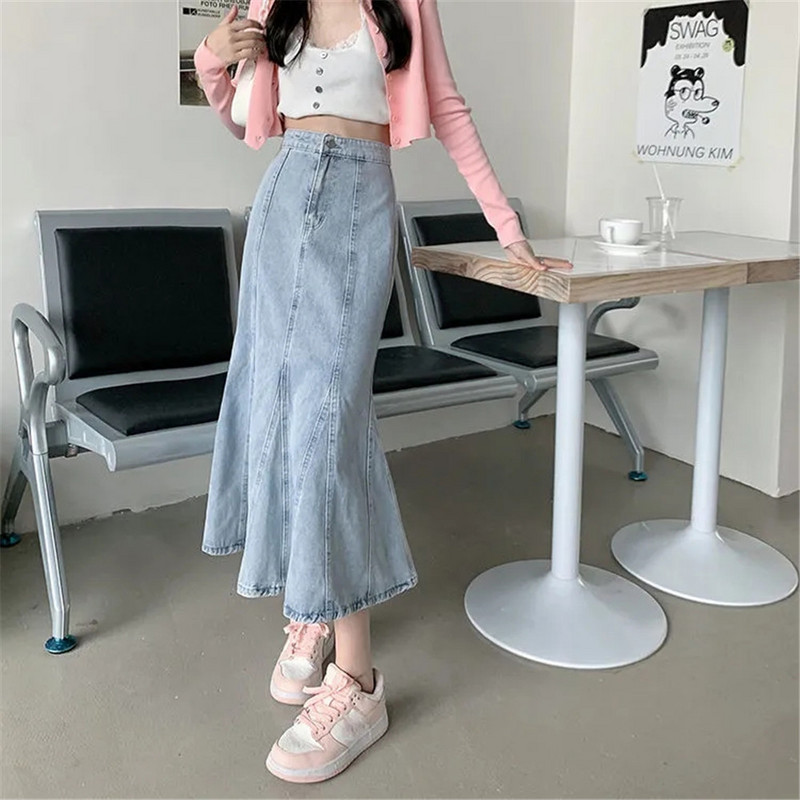 Y2k Duga teksas suknja u obliku sirene s volanima Ženska korejska seksi uska široka široka široka suknja s volanima, plava jeans suknja s trubom, velika veličina 4xl