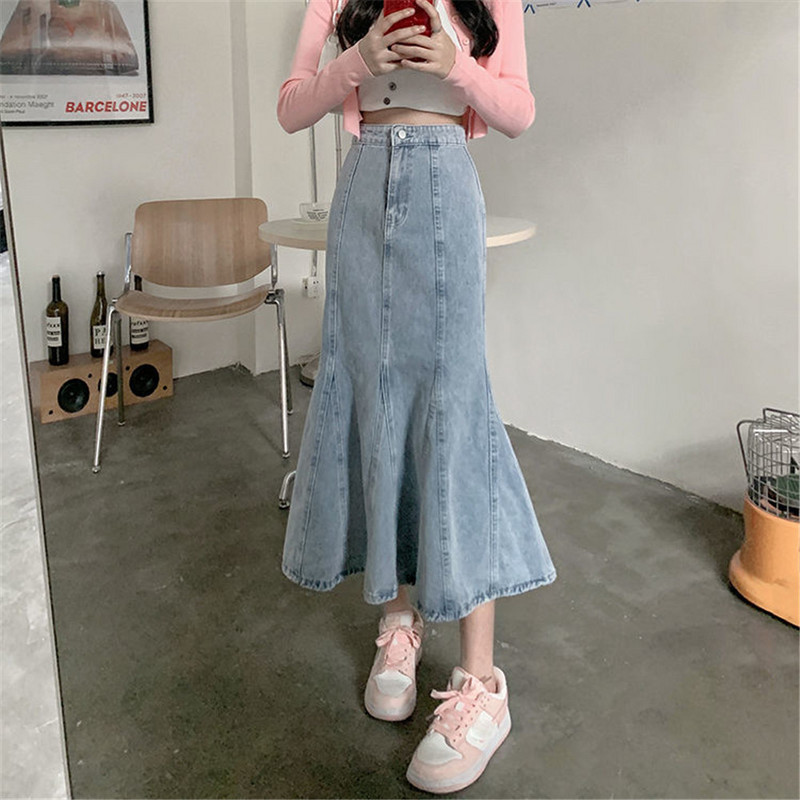 Y2k Duga teksas suknja u obliku sirene s volanima Ženska korejska seksi uska široka široka široka suknja s volanima, plava jeans suknja s trubom, velika veličina 4xl