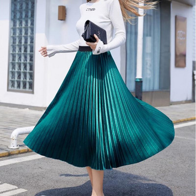 SUO&CHAO S-5XL Plus Size Fashion Πλισέ Φούστες για Γυναικείες Μονόχρωμες Σατέν Ψηλόμεση Πολυτελείς Casual Midi φούστες Boheimia
