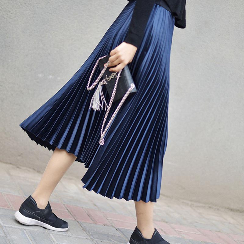 SUO&CHAO S-5XL Plus Size Fashion Πλισέ Φούστες για Γυναικείες Μονόχρωμες Σατέν Ψηλόμεση Πολυτελείς Casual Midi φούστες Boheimia