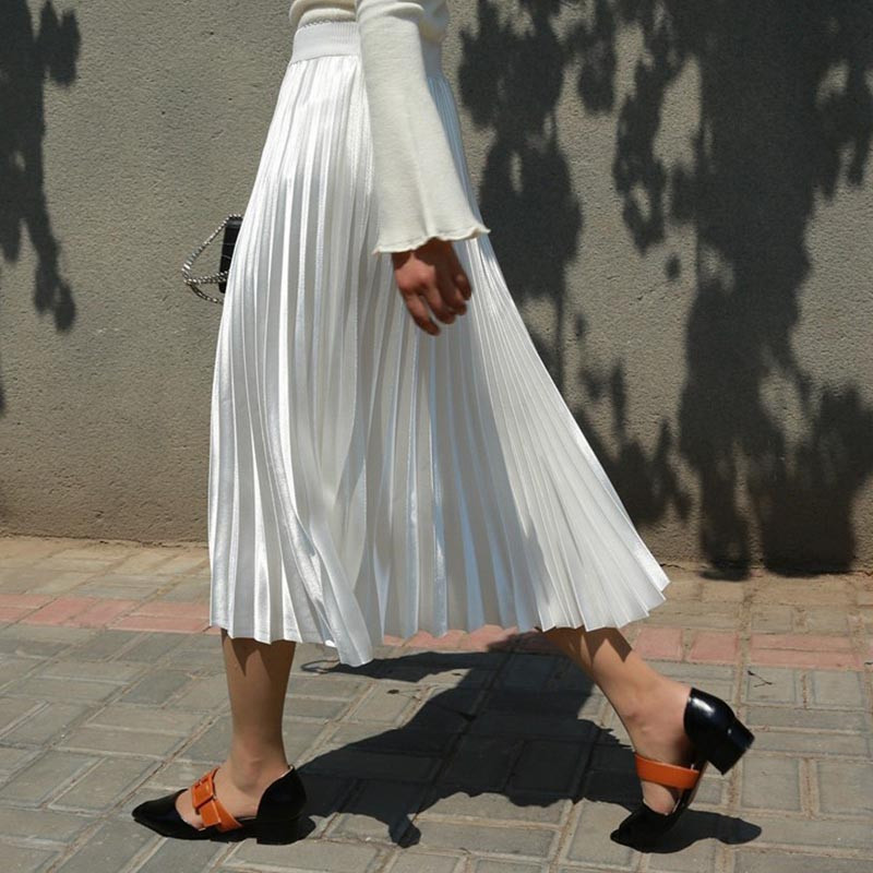 SUO&CHAO S-5XL Plus Size Fashion Πλισέ Φούστες για Γυναικείες Μονόχρωμες Σατέν Ψηλόμεση Πολυτελείς Casual Midi φούστες Boheimia