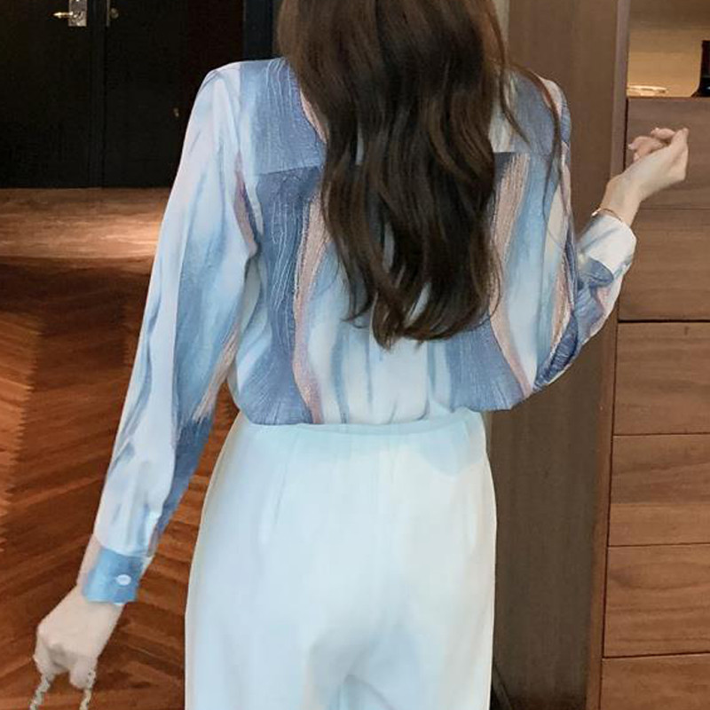 Naiste gradienttrükiga Harajuku nööbiga särk Kevad-sügis Korea mood pikkade varrukatega pluus Reväär lahtised tänavarõivad pluusid