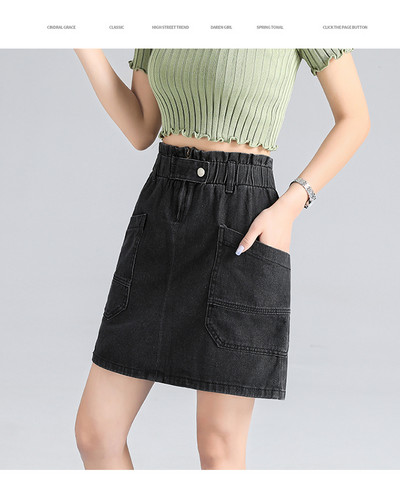 Studentams elastingo juosmens Džinsiniai sijonai Moteriški sijonai su aukštu juosmeniu Susegtos kišenės su skeltu džinsu Tiesūs sijonai Didelio dydžio A formos sijonai