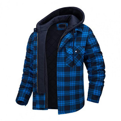 Jachetă de iarnă pentru bărbați cu glugă, cu șnur, la modă, pentru bărbați, cu glugă îngroșată, din bumbac, rezistentă la vânt Cămașă în carouri Jachetă ocazională Jachetă de călătorie