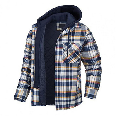 Jachetă de iarnă pentru bărbați cu glugă, cu șnur, la modă, pentru bărbați, cu glugă îngroșată, din bumbac, rezistentă la vânt Cămașă în carouri Jachetă ocazională Jachetă de călătorie