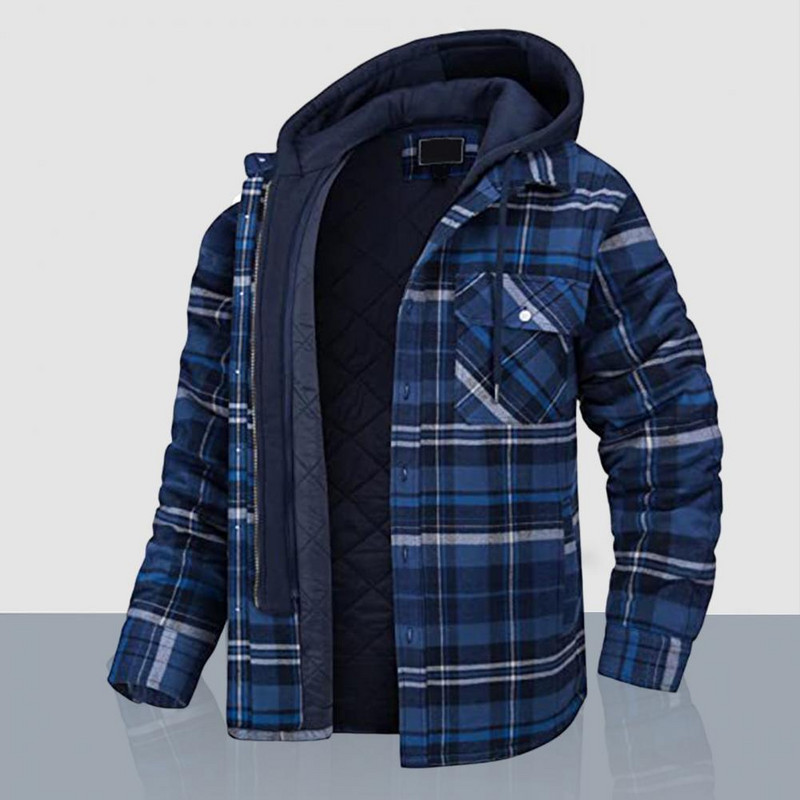 Jachetă de iarnă pentru bărbați cu glugă, cu șnur, la modă, pentru bărbați, cu glugă îngroșată, din bumbac, rezistentă la vânt Cămașă în carouri Jachetă ocazională Jachetă de călătorie