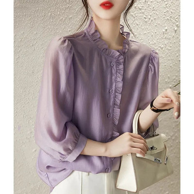 Cămașă largi din șifon de vară Topuri cu mâneci 3/4 și decolteu O Bluză plisă plină completă, temperament elegant, îmbrăcăminte pentru femei