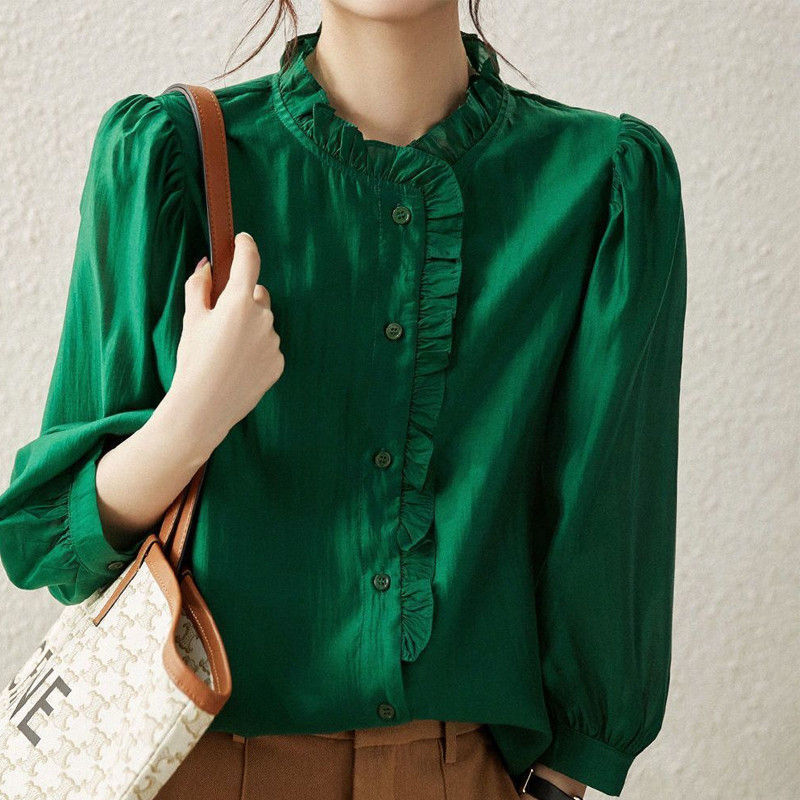 Cămașă largi din șifon de vară Topuri cu mâneci 3/4 și decolteu O Bluză plisă plină completă, temperament elegant, îmbrăcăminte pentru femei