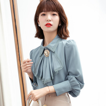 Ρετρό μπλε σιφόν μπλούζα Φθινοπωρινή ανοιξιάτικη παπιγιόν OL μπλούζες Κομψά γυναικεία μακρυμάνικο πουκάμισο δαντέλα