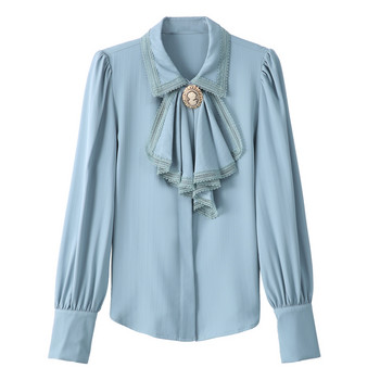Ретро синя шифонена блуза Есен Пролет Работно облекло с панделки OL Топове Елегантна дамска дантелена риза с дълъг ръкав