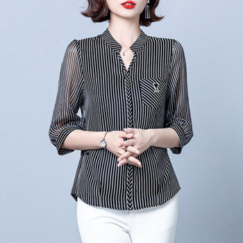 Летни дамски ризи с 3/4 ръкави от шифон на райе Модни свободни офис дамски пуловери Блуза Ретро ежедневни основни бели черни горнища