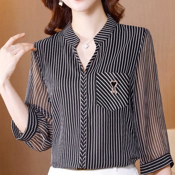 Καλοκαιρινή γυναικεία 3/4 μανίκια σιφόν ριγέ πουκάμισα Μόδα φαρδιά μπλούζα γυναικεία πουλόβερ vintage casual βασική λευκή μαύρη μπλούζα