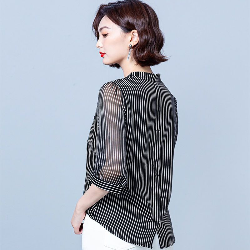 Vară Femei 3/4 mâneci șifon cu dungi Cămăși la modă largi Office Lady Pulover Bluză Vintage Casual De bază Topuri Alb Negru