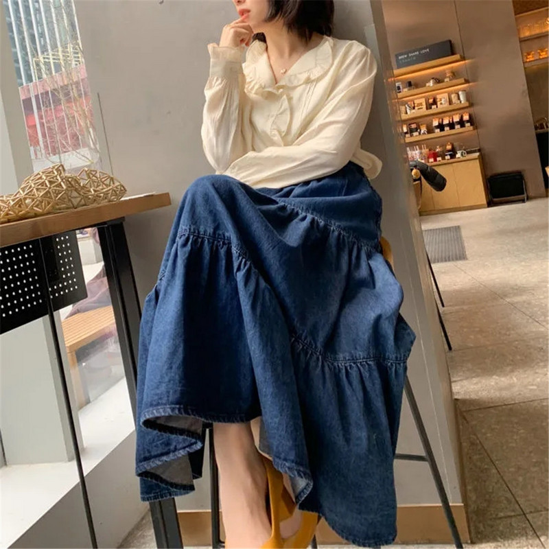 Femei Plus Size 5xl Fusta Denim Maxi Lungi Fuste Blugi Fete Pliate Îmbrăcăminte de modă coreeană Harajuku Mujer Faldas Albastru Vintage