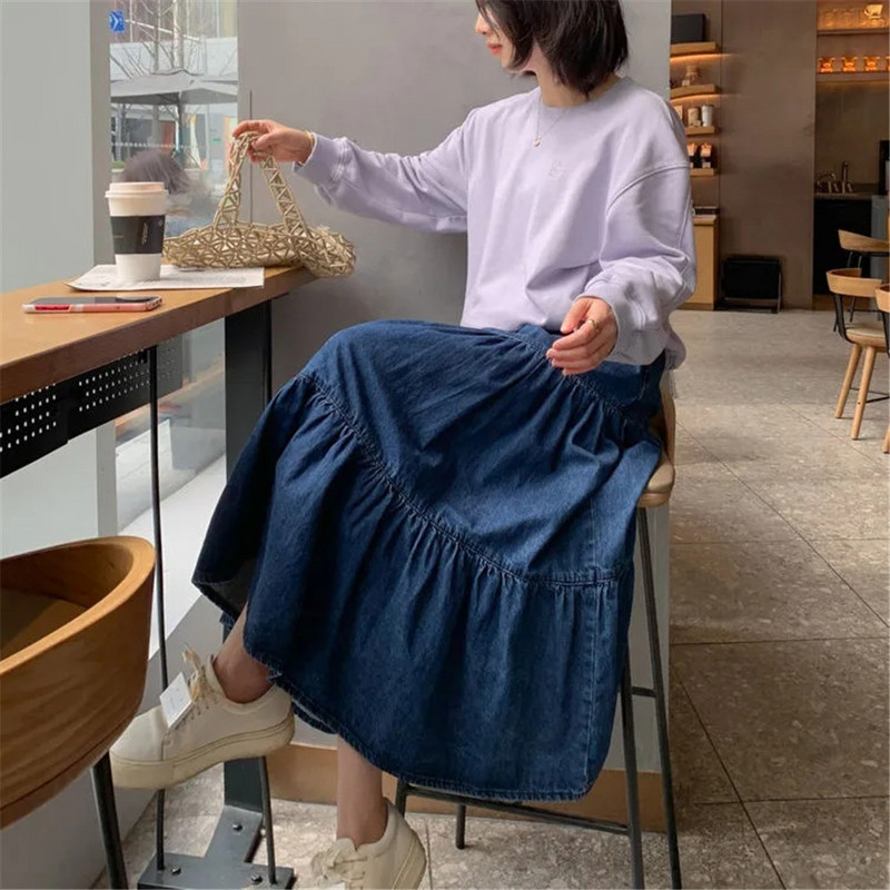 Femei Plus Size 5xl Fusta Denim Maxi Lungi Fuste Blugi Fete Pliate Îmbrăcăminte de modă coreeană Harajuku Mujer Faldas Albastru Vintage