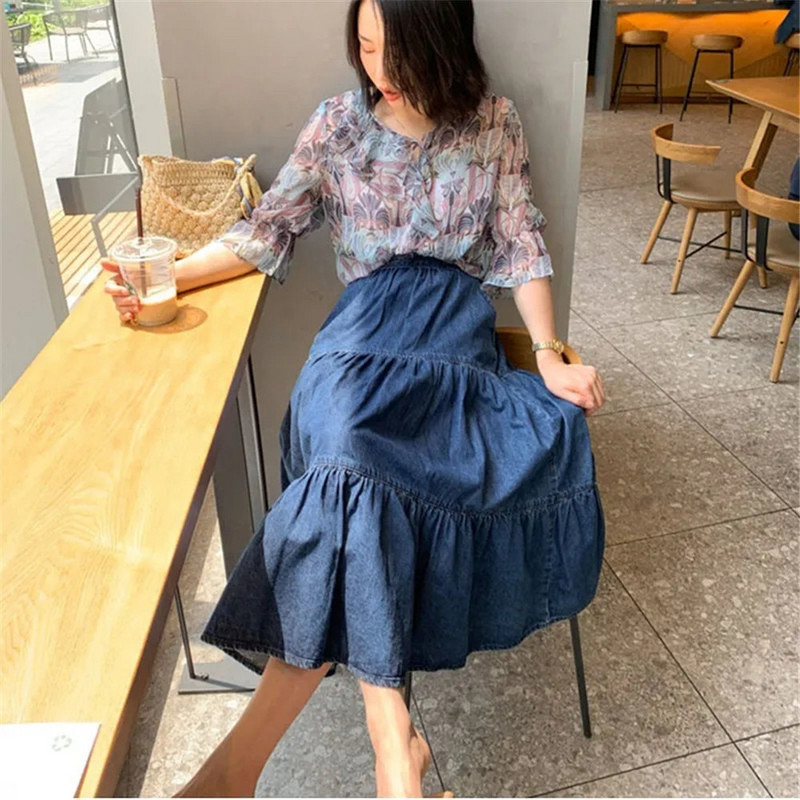 Femei Plus Size 5xl Fusta Denim Maxi Lungi Fuste Blugi Fete Pliate Îmbrăcăminte de modă coreeană Harajuku Mujer Faldas Albastru Vintage