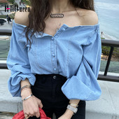 Toamnă Sexy cu umăr în afara felinarului cu mânecă lungă, cu gât pătrat, bluze pentru femei, bluze și bluze pentru femei, cămăși din denim Blusas Mujer