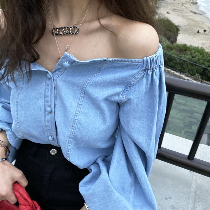 Toamnă Sexy cu umăr în afara felinarului cu mânecă lungă, cu gât pătrat, bluze pentru femei, bluze și bluze pentru femei, cămăși din denim Blusas Mujer