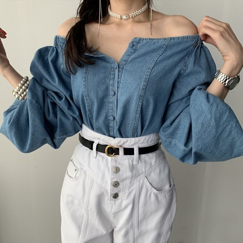 Toamnă Sexy cu umăr în afara felinarului cu mânecă lungă, cu gât pătrat, bluze pentru femei, bluze și bluze pentru femei, cămăși din denim Blusas Mujer