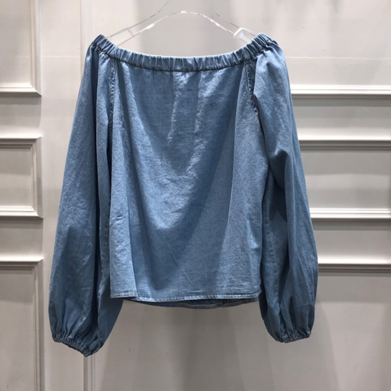 Toamnă Sexy cu umăr în afara felinarului cu mânecă lungă, cu gât pătrat, bluze pentru femei, bluze și bluze pentru femei, cămăși din denim Blusas Mujer
