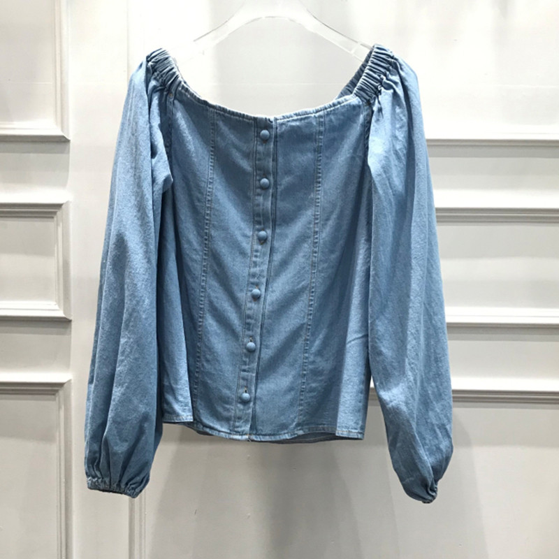 Toamnă Sexy cu umăr în afara felinarului cu mânecă lungă, cu gât pătrat, bluze pentru femei, bluze și bluze pentru femei, cămăși din denim Blusas Mujer