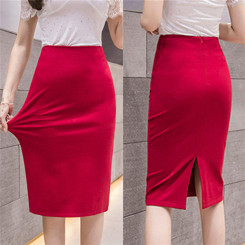 Elegantne suknje visokog struka Radna odjeća Midi suknja velikih veličina s prorezom Crna Crvena elastična Uredska dama Pencil suknje pripijenog kroja Ženske 4XL 5XL