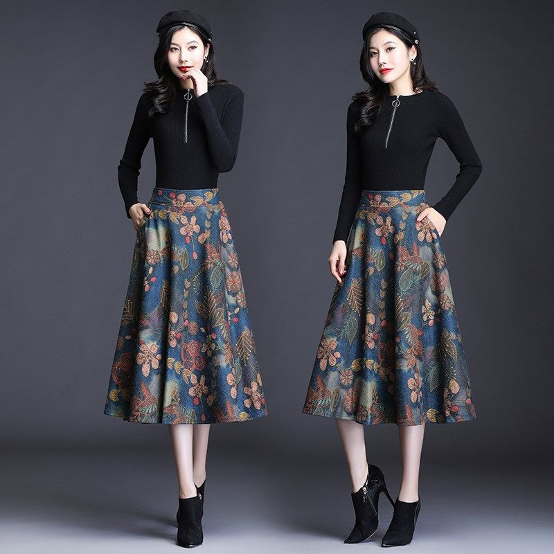 Fuste de lână vintage cu talie înaltă, vintage, mărime mare, 4XL, toamnă iarnă 2020, la modă pentru femei, fustă midi cu imprimeu pentru femei, ocazional, birou