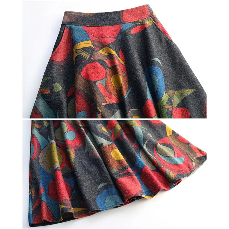 Fuste de lână vintage cu talie înaltă, vintage, mărime mare, 4XL, toamnă iarnă 2020, la modă pentru femei, fustă midi cu imprimeu pentru femei, ocazional, birou