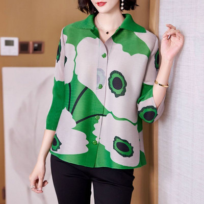 Κορεάτικο κομψό εμπριμέ μακρυμάνικο ζακέτα με μακρυμάνικο μπουφάν για γυναικεία πουκάμισα μόδα Υπερμεγέθη πολυτελής μπλούζα 2023